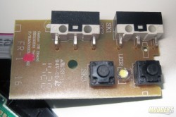 Daughter PCB with unidentified red-capped side microswitches and a pair of square microswitches with LED in between them for the DPI switch